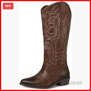 Women's Cowboy Boots Mid Calf Embroidered Western Pointed Toe Chunky Heel